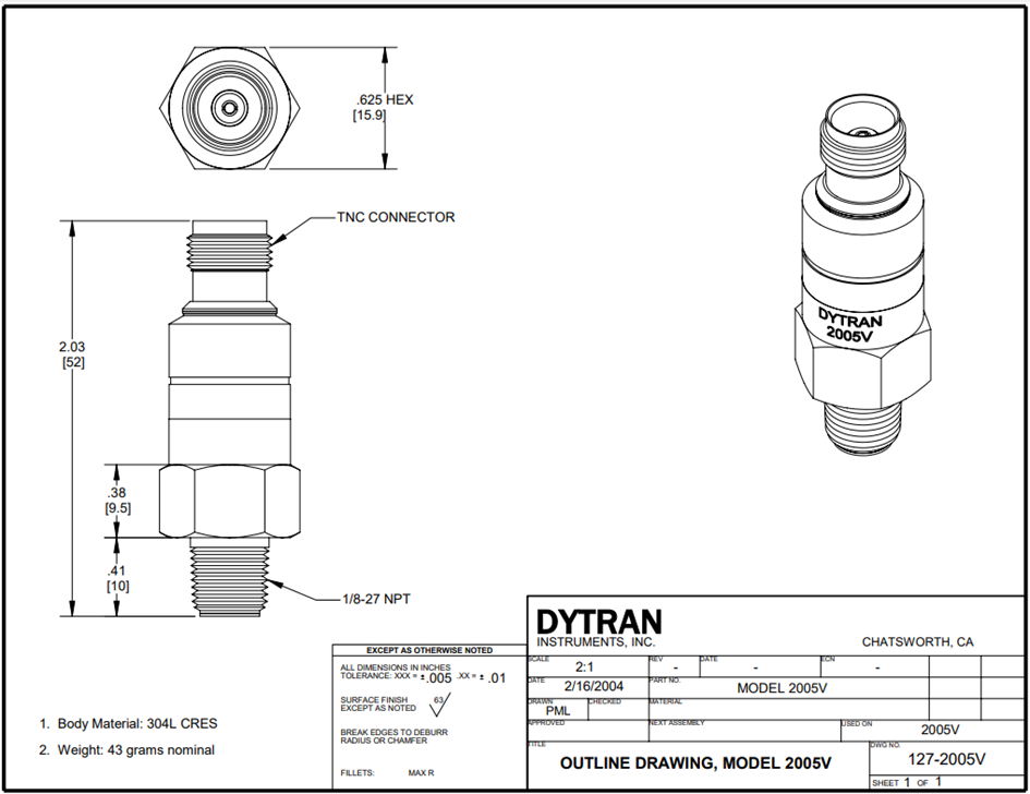 美国进口Dytran 2005V IEPE压力传感器,液压和气动系统压力扰动,减震管压力测量,爆炸测试压力测量,通用动压测量,工业声学研究